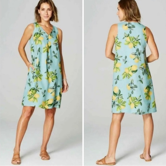 J. Jill Love Linen Lemon Shift Dress Yellow Blue Sleeveless Small e10 - Picture 4 of 9